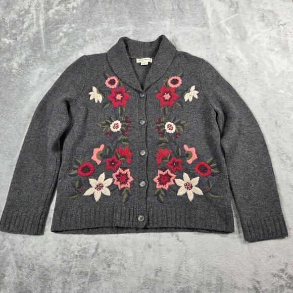 Vtg Eddie Bauer Cardigan Womens M Gray Wool Floral Embroidery Cottage Grannycore - Picture 1 of 7